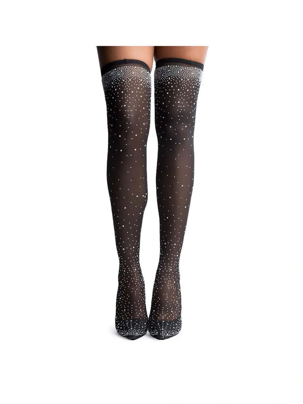 Liliana Black Rhinestone Thigh-High Sheer Stocking Heels - Size 9